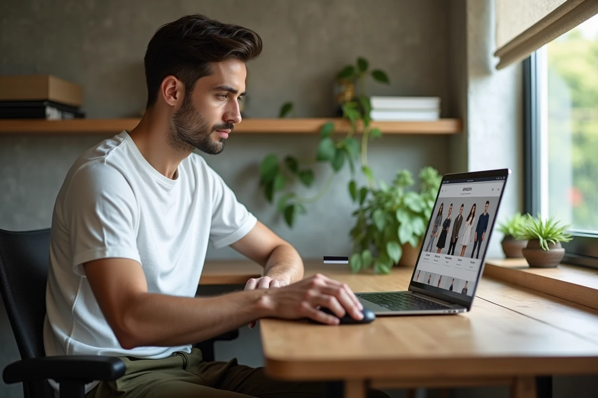 Homme effectuant un achat de vêtements en ligne sur son ordinateur portable dans un bureau à domicile moderne