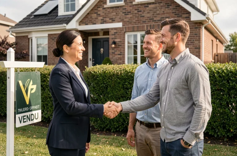Agent immobilière patricia4realestate serrant la main d'un couple après une vente réussie devant une maison avec panneau Vendu