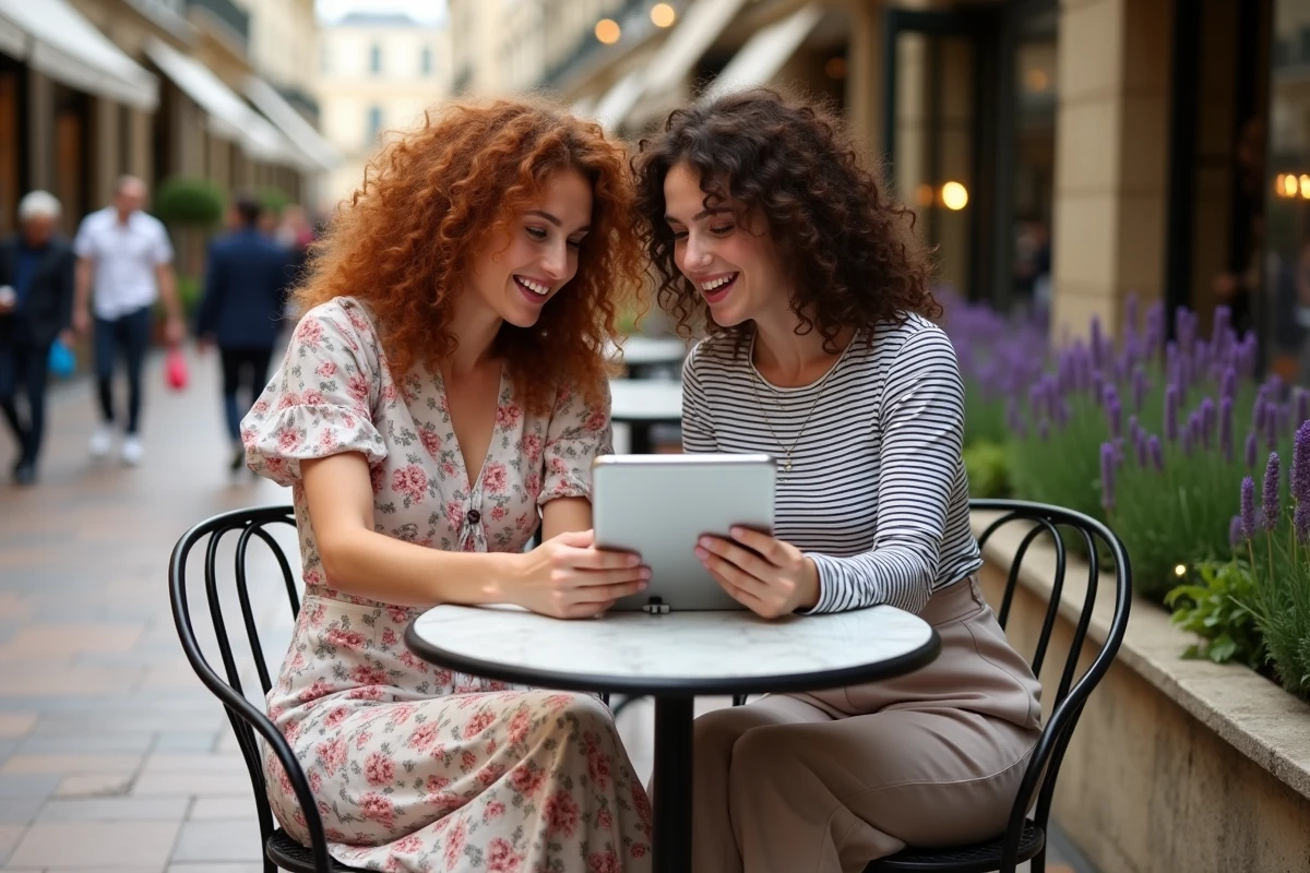 Deux amies consultant une liste de souhaits shopping en ligne sur une tablette en terrasse de café parisien