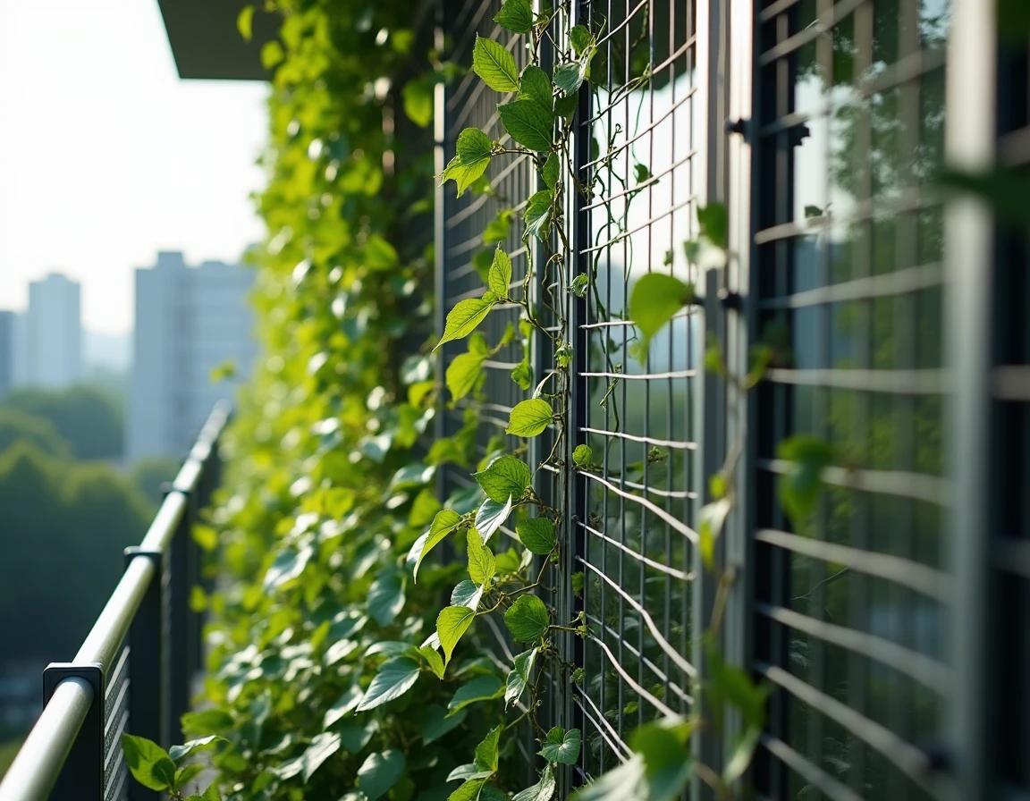 Brise-vue vertical sur câbles tendus avec plantes grimpantes sur un balcon en hauteur
