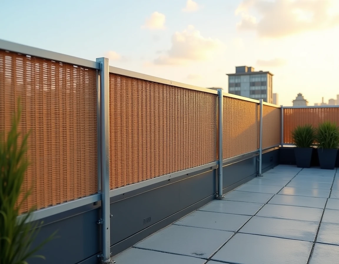 Canisse synthétique haute densité sur structure surélevée en bordure de terrasse en toiture