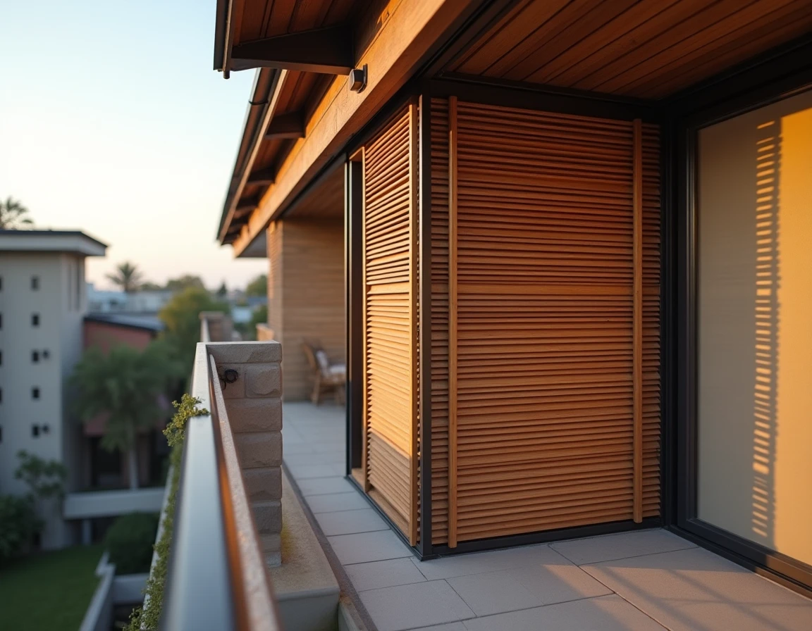 Claustra coulissant persienné en bois composite sur terrasse surélevée avec vue partielle sur l'extérieur