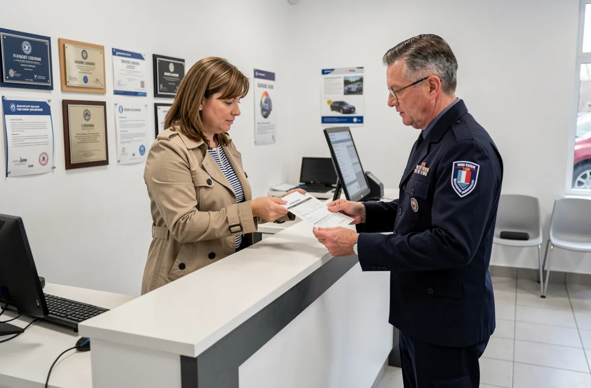 Cliente recevant le rapport de contrôle technique de son véhicule auprès d'un conseiller dans un centre agréé
