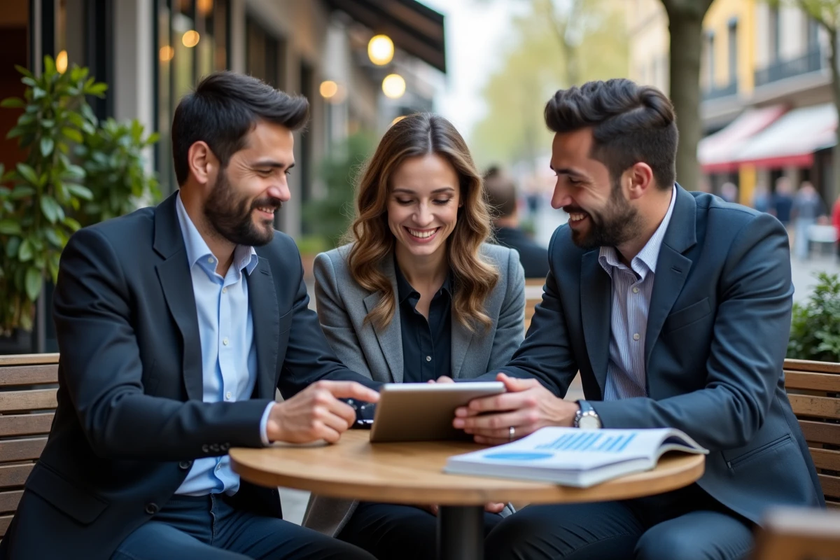 Groupe de trois professionnels discutant autour d