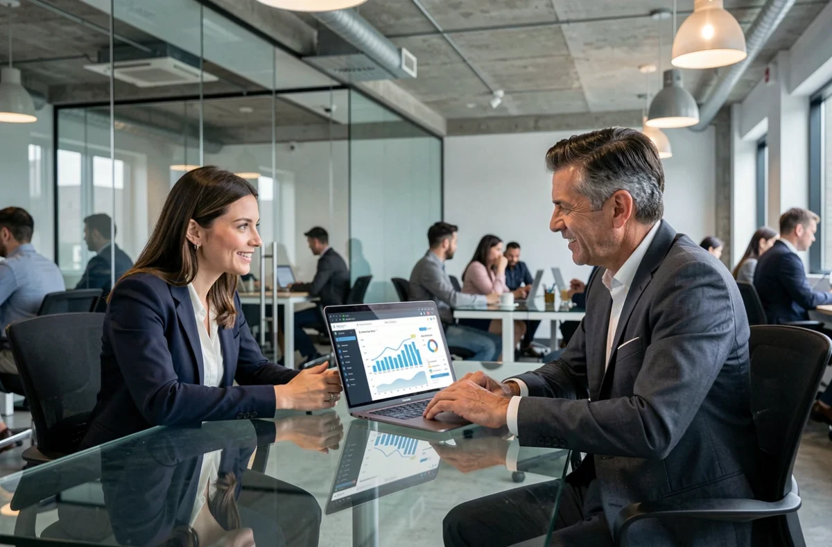 Deux professionnels collaborant autour de ressources en ligne pour développer une stratégie business dans le secteur financier