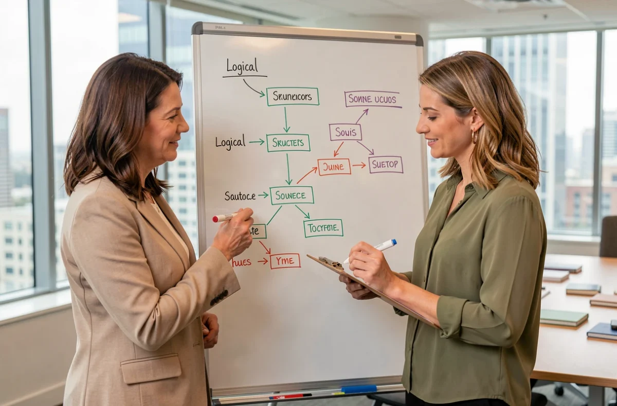 Deux professionnelles collaborant sur un tableau blanc pour structurer des connecteurs logiques en réunion