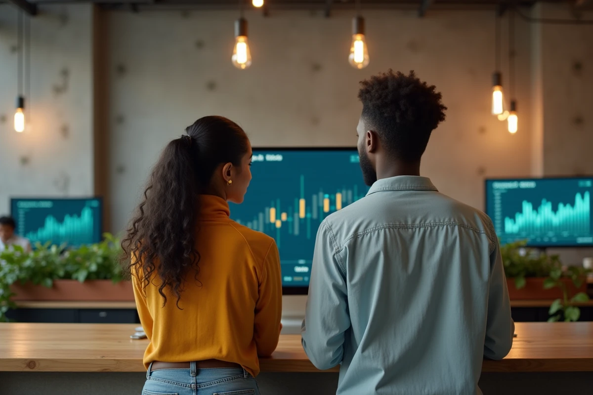 Deux collègues analysant ensemble une plateforme blockchain dans un espace de coworking moderne