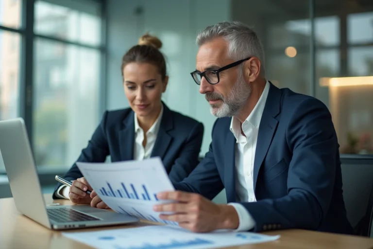 Comptable et femme d'affaires analysant des graphiques financiers