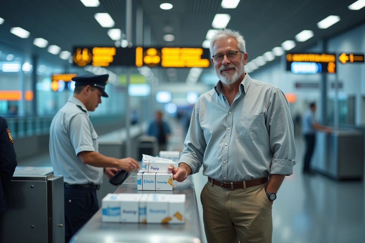 Homme déposant des cartouches de cigarettes sur un comptoir de douane dans un aéroport européen