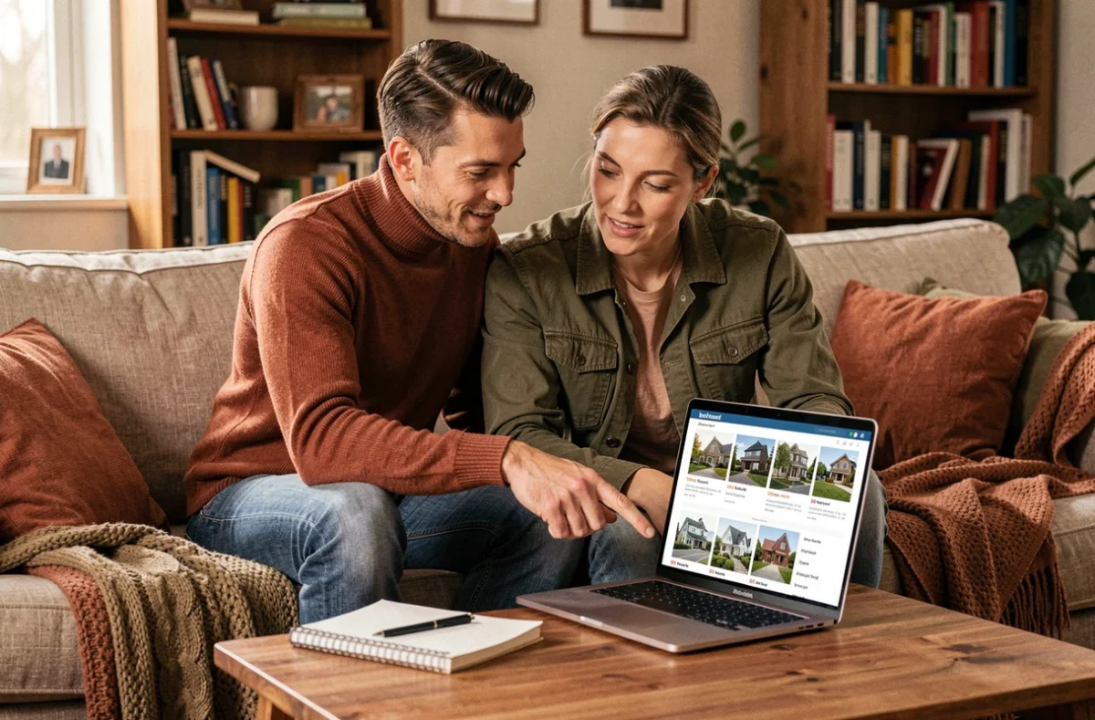 Couple en train de comparer des annonces de location immobilière ensemble sur un ordinateur portable