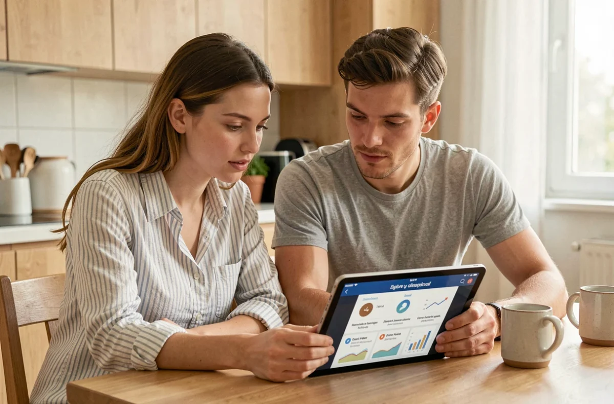 Couple de jeunes adultes préparant ensemble le certificat Educfi Banque de France sur une tablette