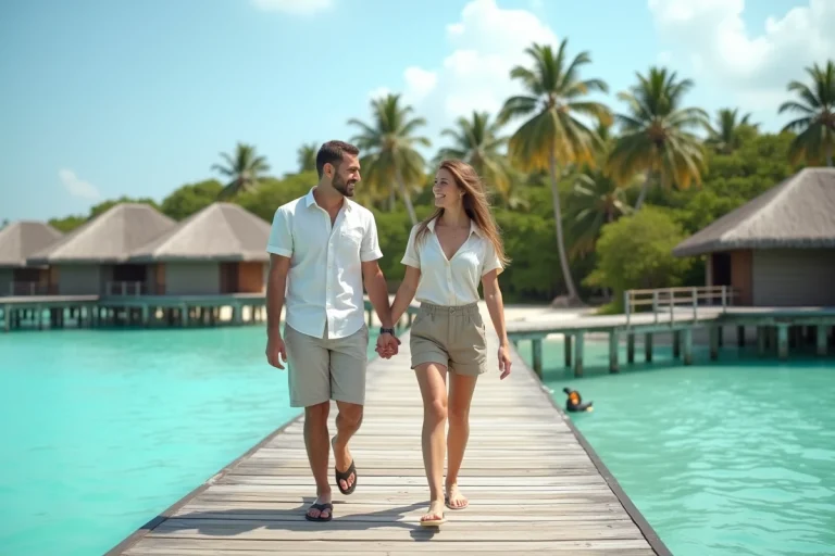 Jeune couple marchant sur jetée tropicale avec bungalows