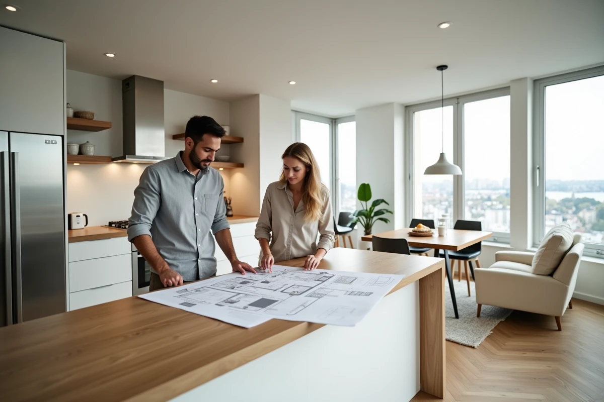 Couple examinant les plans d'un appartement rénové moderne lors d'une visite immobilière en 2024