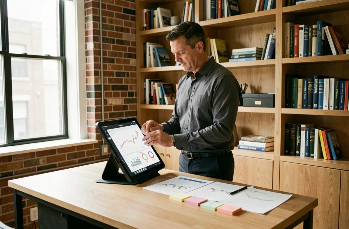 Entrepreneur masculin consultant une plateforme de formation financière en ligne depuis son bureau à domicile