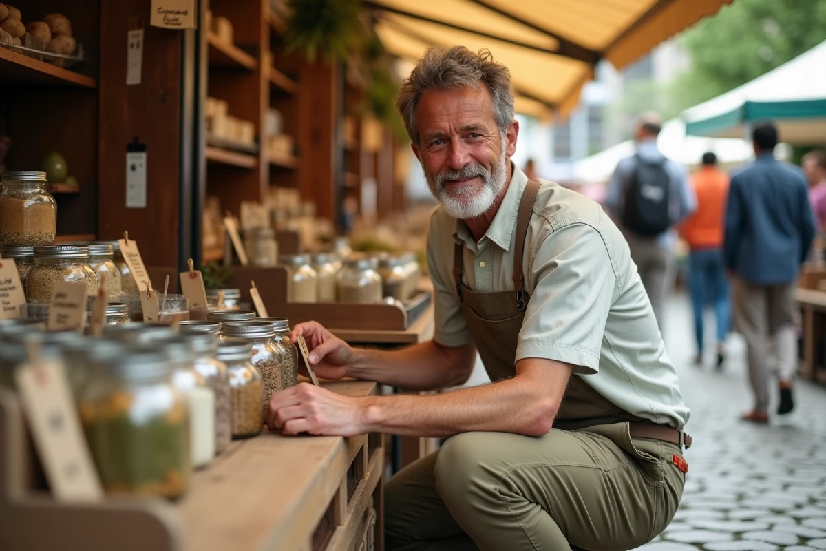 Entrepreneur responsable arrangeant des produits locaux et éthiques sur un marché artisanal urbain
