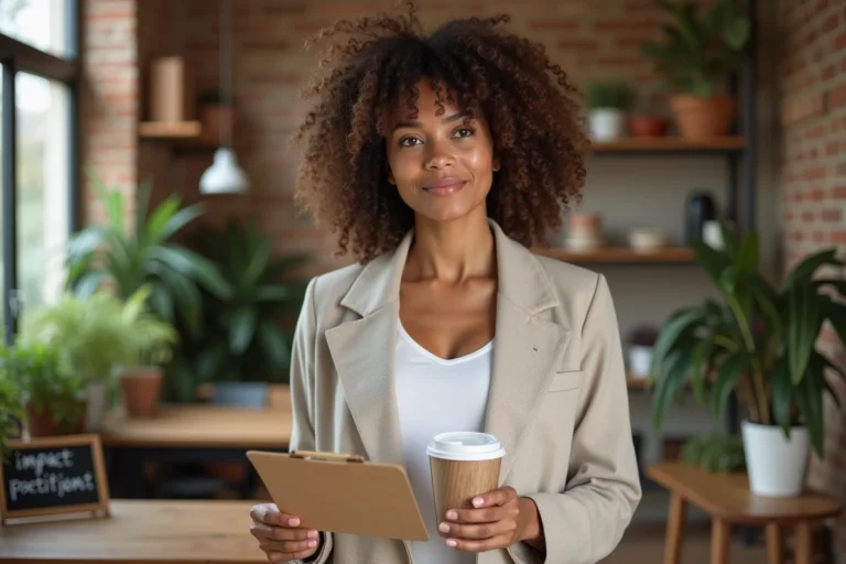 Entrepreneuse éthique dans un espace de coworking éco-responsable avec matériaux naturels et plantes