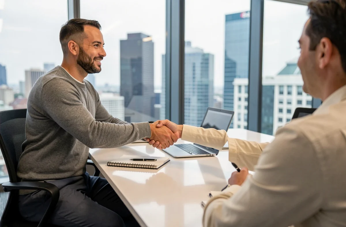 Jeune homme en entretien d'embauche serrant la main d'un recruteur dans une salle de réunion d'entreprise, symbolisant l'adéquation entre formation et opportunité professionnelle