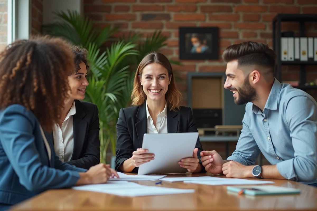 Groupe de trois professionnels discutant stratégies en réunion