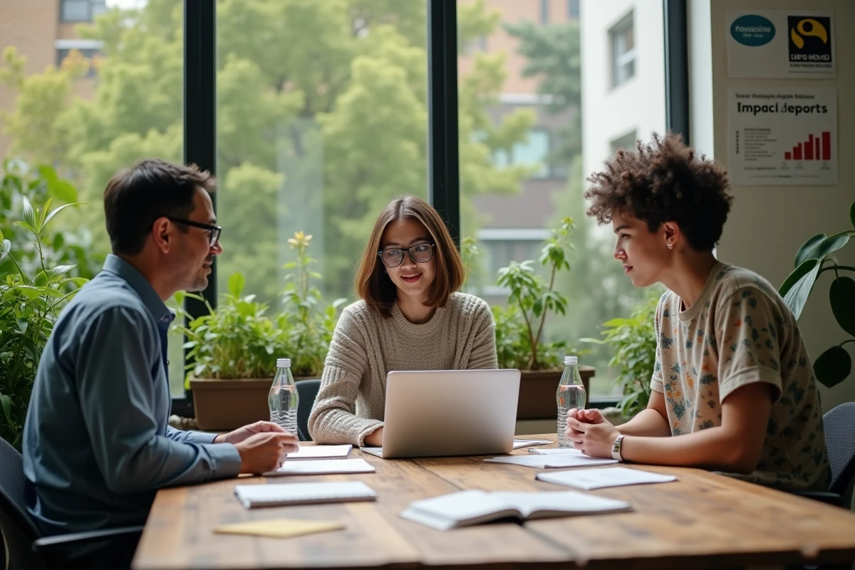 Équipe d'entrepreneurs responsables en réunion collaborative autour d'un rapport d'impact durable