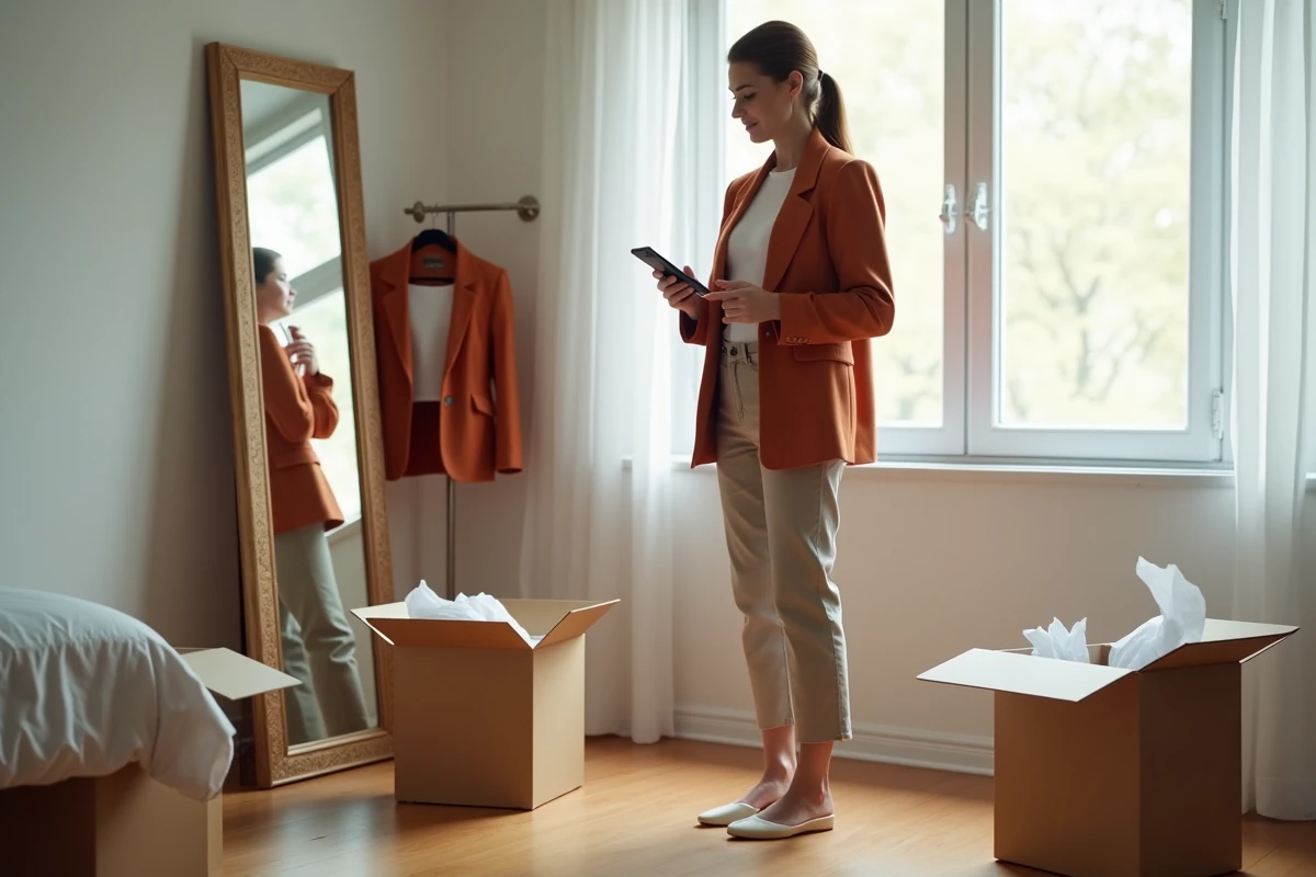 Femme essayant un blazer reçu en livraison après un achat de mode en ligne devant un miroir