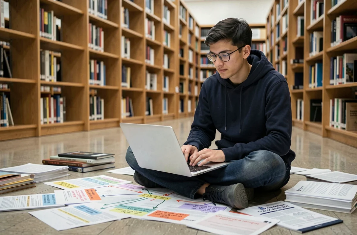 Étudiant universitaire entouré de documents annotés sur les connecteurs logiques dans une bibliothèque