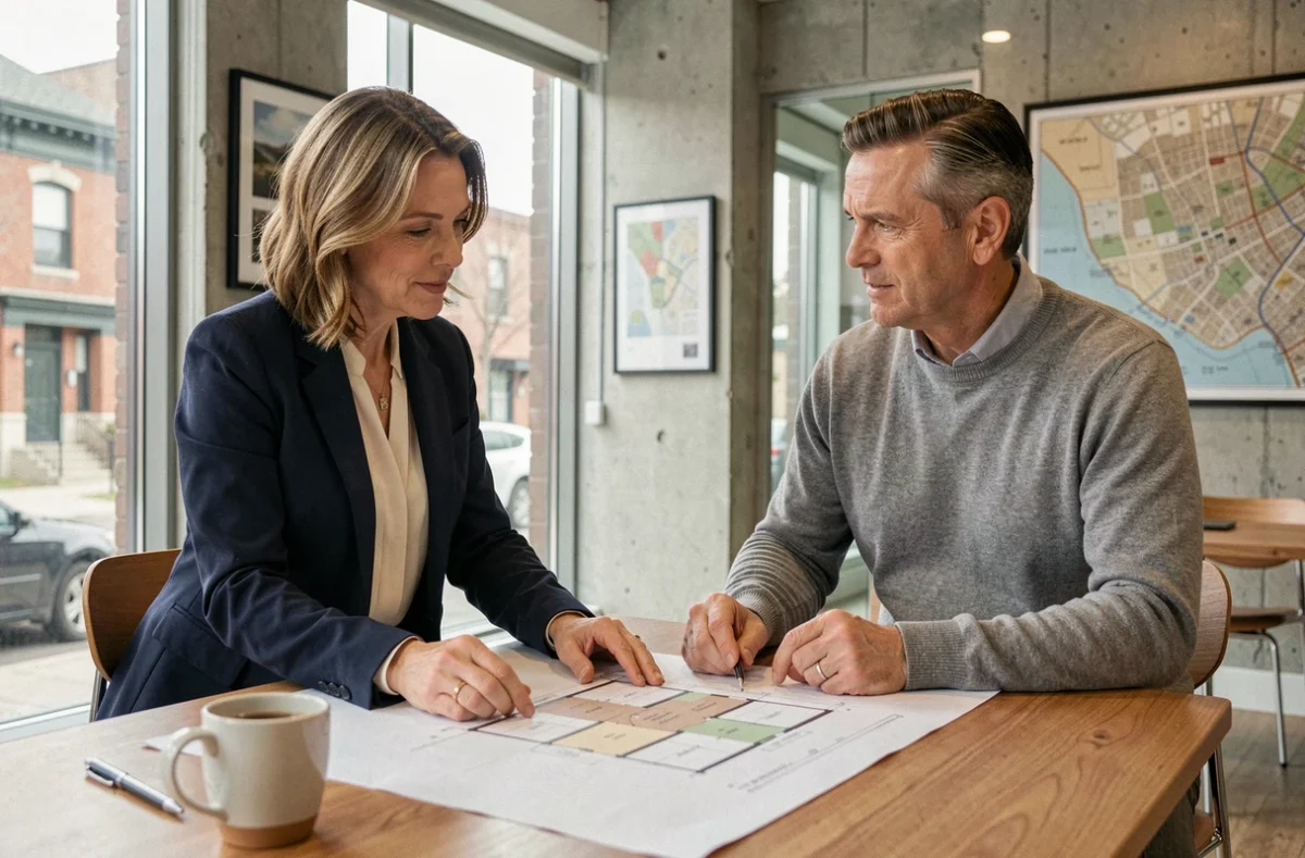 Experte immobilière locale présentant des plans architecturaux à un client dans une agence moderne