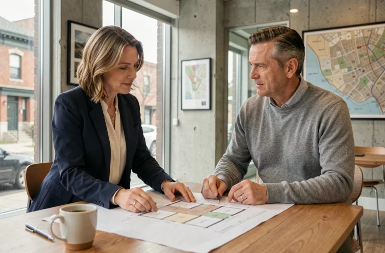 Experte immobilière locale présentant des plans architecturaux à un client dans une agence moderne