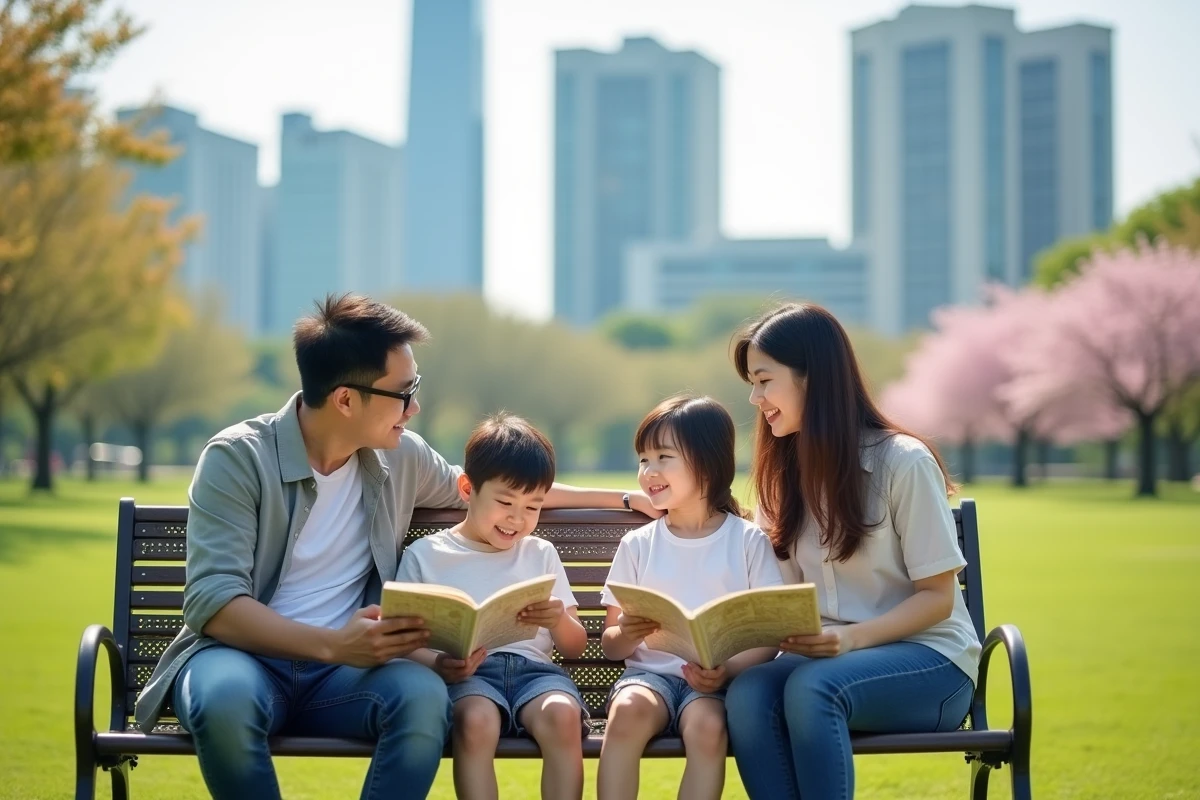 Famille relaxant dans parc urbain asiatique en été
