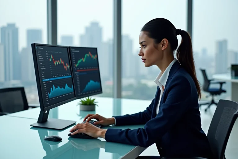 Femme professionnelle analysant un portefeuille de cryptomonnaies sur double écran dans un bureau moderne