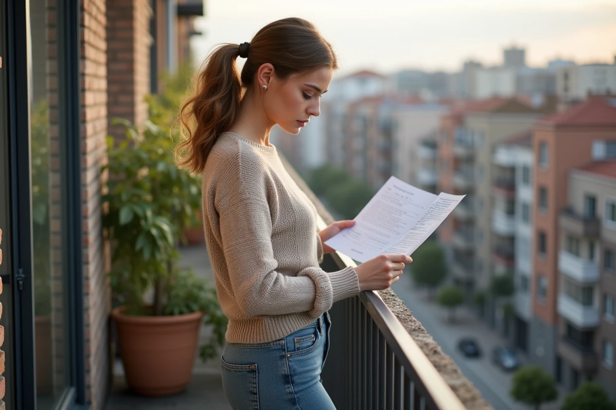 Femme regardant un contrat de location sur le balcon