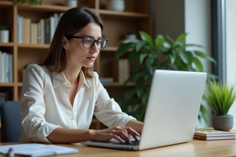 Femme en bureau avec graphique d'investissement