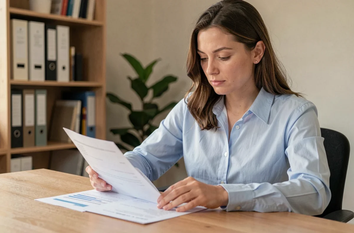Femme consultant des documents financiers à son bureau pour se préparer à l'Educfi Banque de France