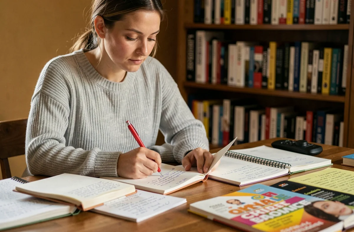Femme concentrée prenant des notes manuscrites sur les connecteurs logiques dans un bureau à domicile chaleureux