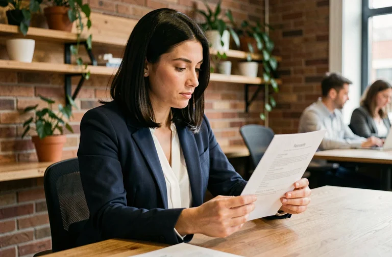 Jeune femme professionnelle qui examine son CV dans un espace de coworking moderne, illustrant la recherche d'emploi adaptée à son profil de formation