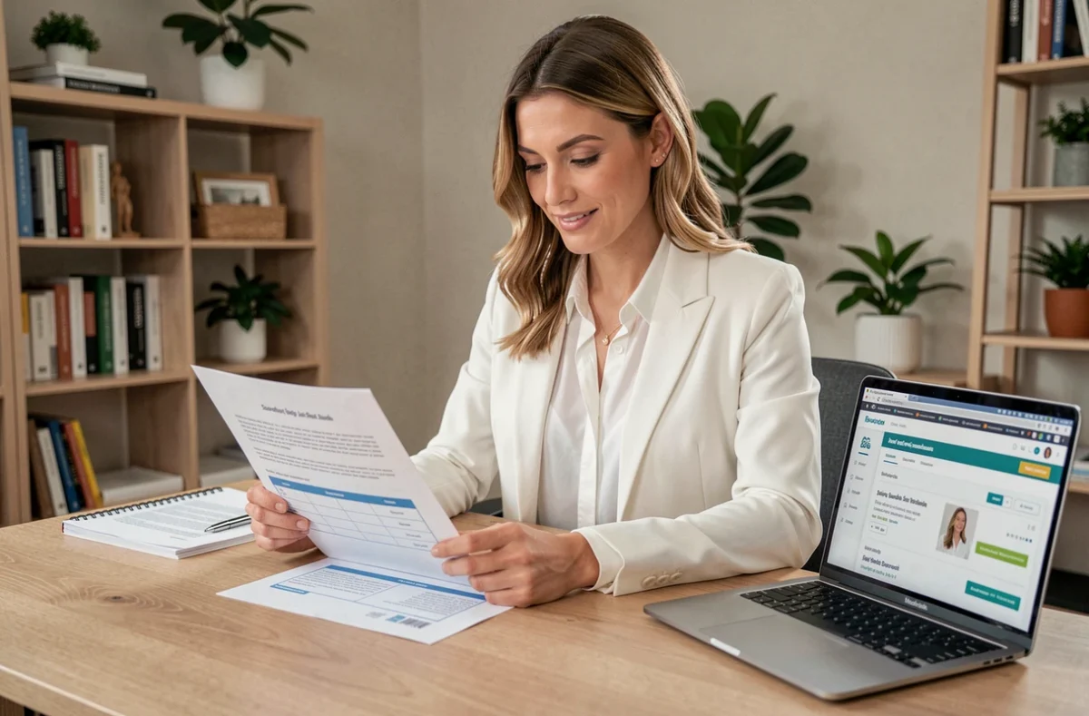 Femme professionnelle consultant un plan de recherche d'emploi structuré sur son bureau à domicile avec un ordinateur portable