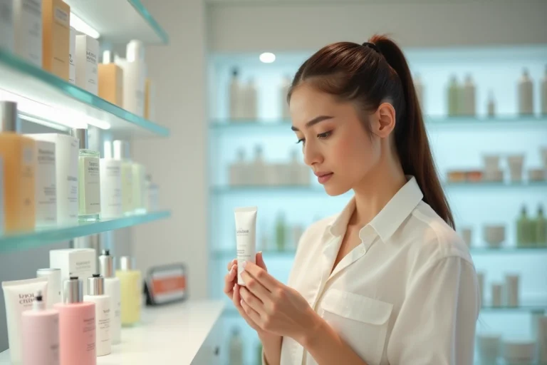 Femme examinant l'étiquette d'un produit cosmétique Nocibé en magasin pour vérifier s'il est cruelty free