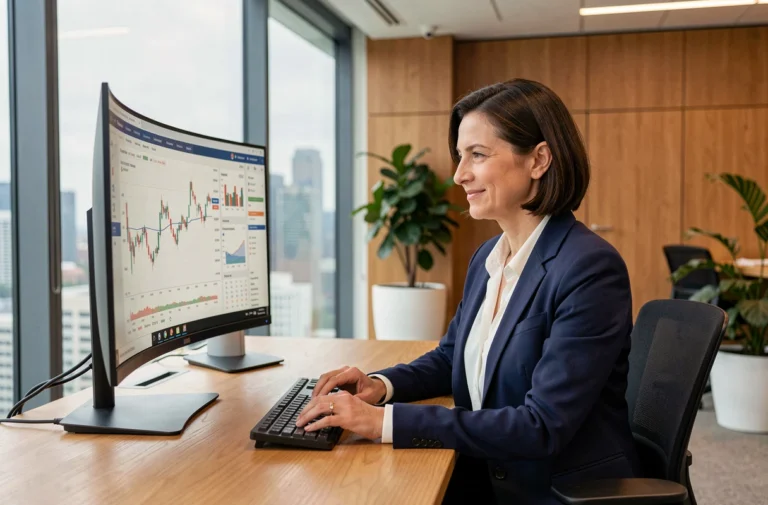 Femme professionnelle dans un bureau moderne analysant des données financières sur écran pour développer son business en ligne