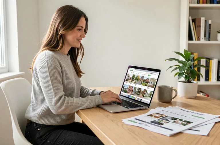 Femme cherchant un bien immobilier à louer sur un site en ligne depuis son bureau à domicile