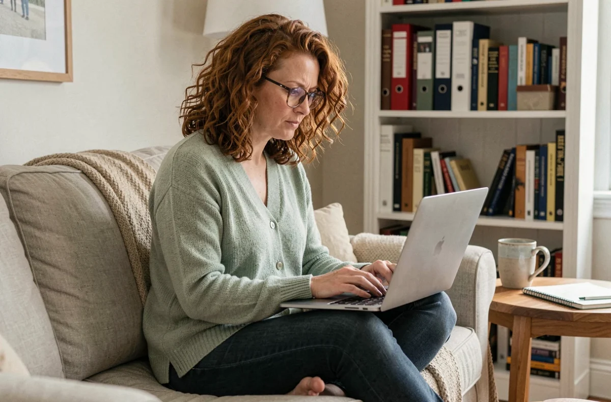 Femme cherchant des offres d'emploi en ligne depuis son domicile avec un ordinateur portable, illustrant une démarche autonome de recherche d'emploi adaptée à sa formation