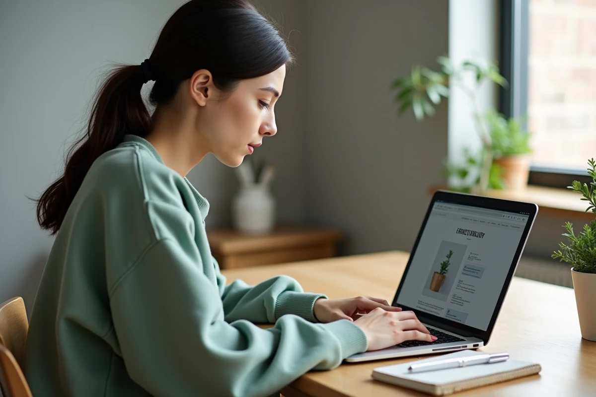 Jeune femme recherchant des informations sur internet sur la politique cruelty free de la marque Nocibé à son bureau
