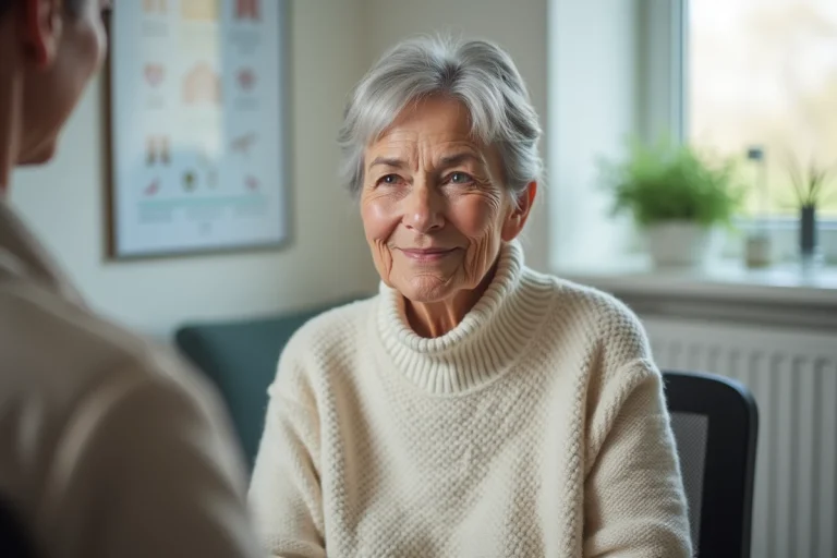 Femme mature en consultation après traitement de cancer de la peau
