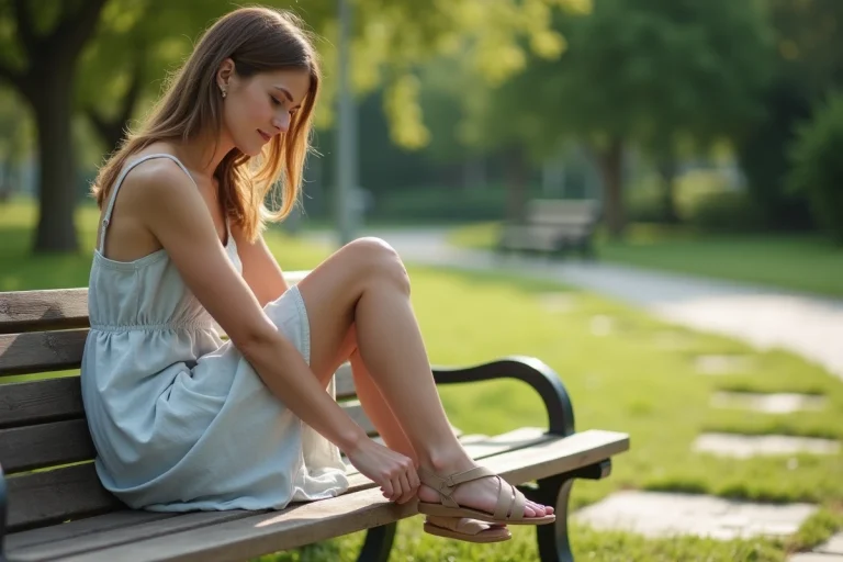 Femme en robe d'été essayant des sandales ergonomiques dans un parc