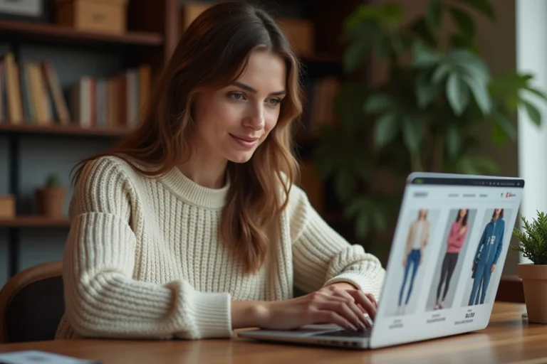Femme consultant les soldes de vêtements en ligne sur un ordinateur portable depuis son bureau à domicile