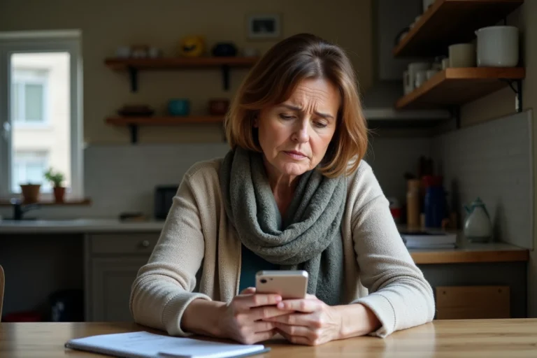 Femme préoccupée avec smartphone dans une cuisine modeste