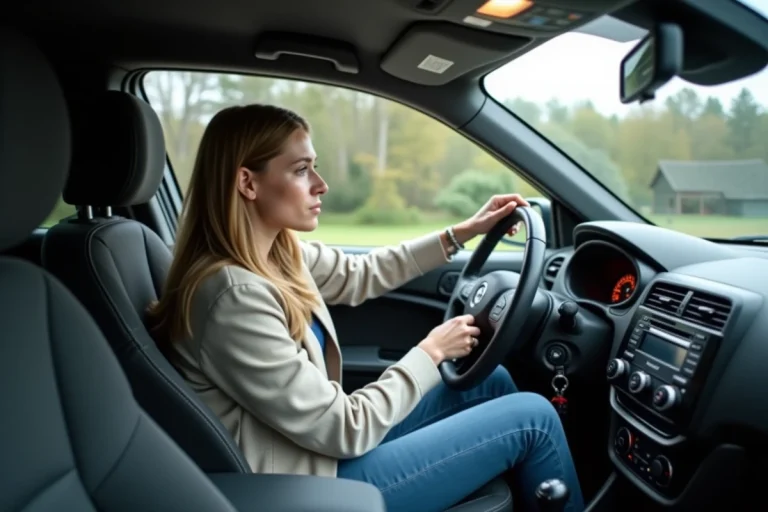 Femme dans sa voiture regardant le niveau de carburant