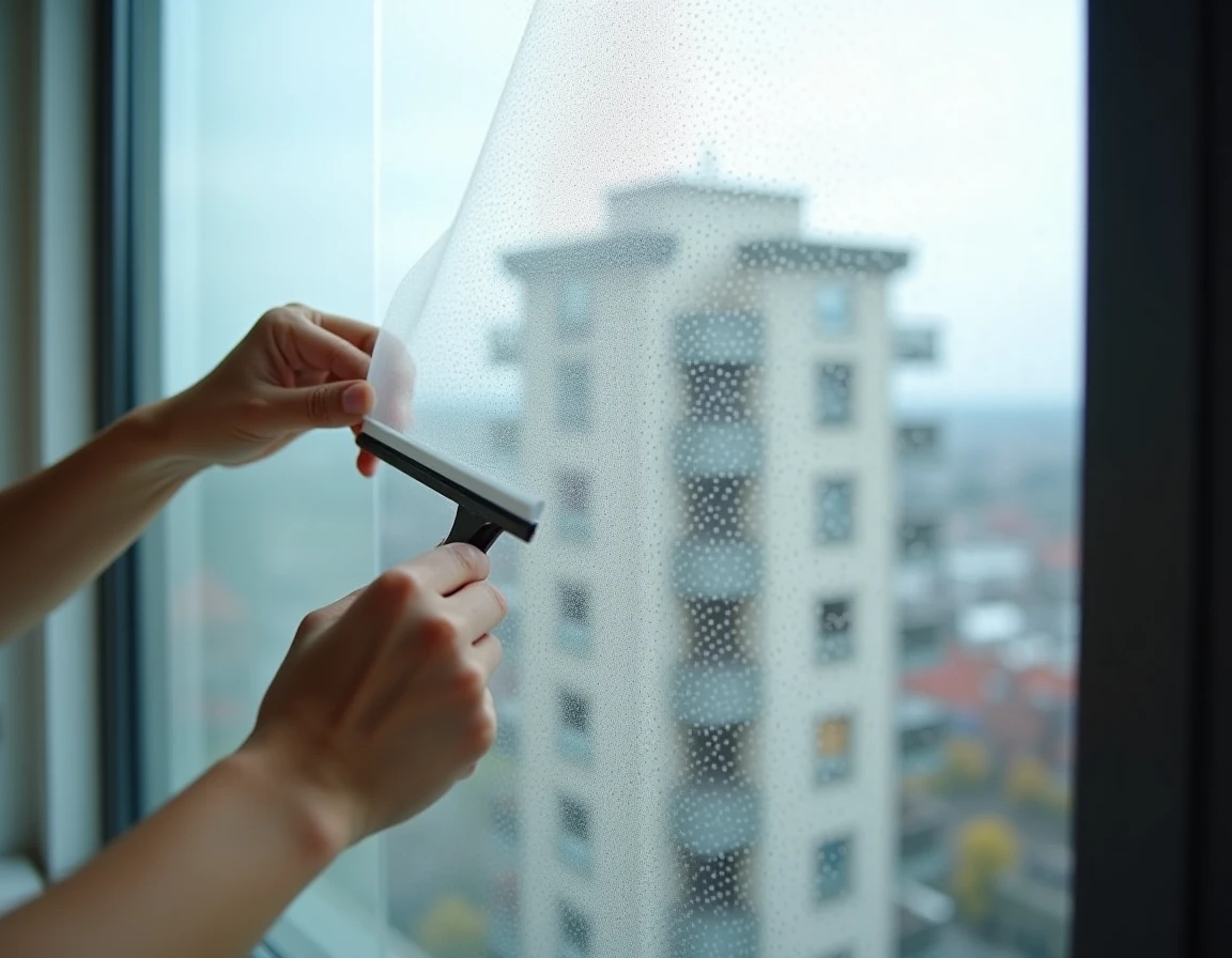 Film adhésif micro-perforé appliqué sur une grande vitre d'appartement en hauteur pour masquer les regards
