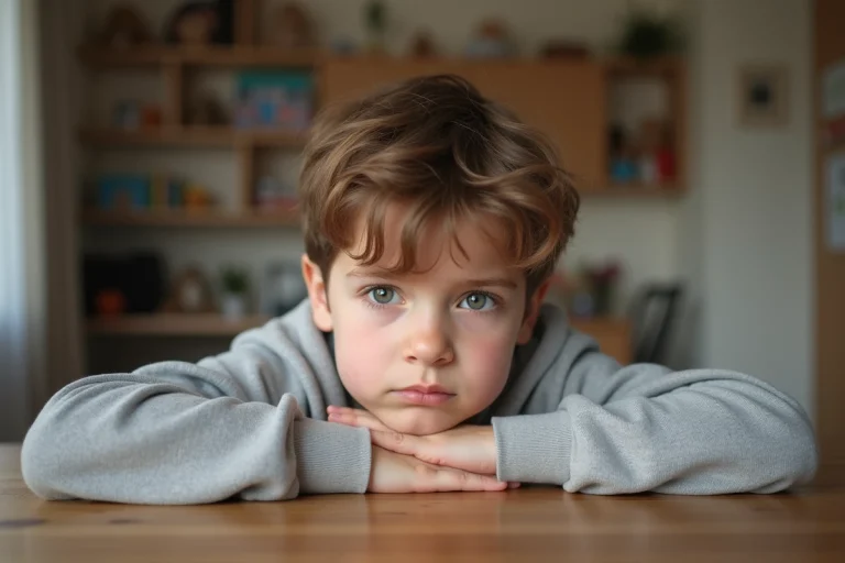 Garçon de 7 ans au visage pensif dans un intérieur familial