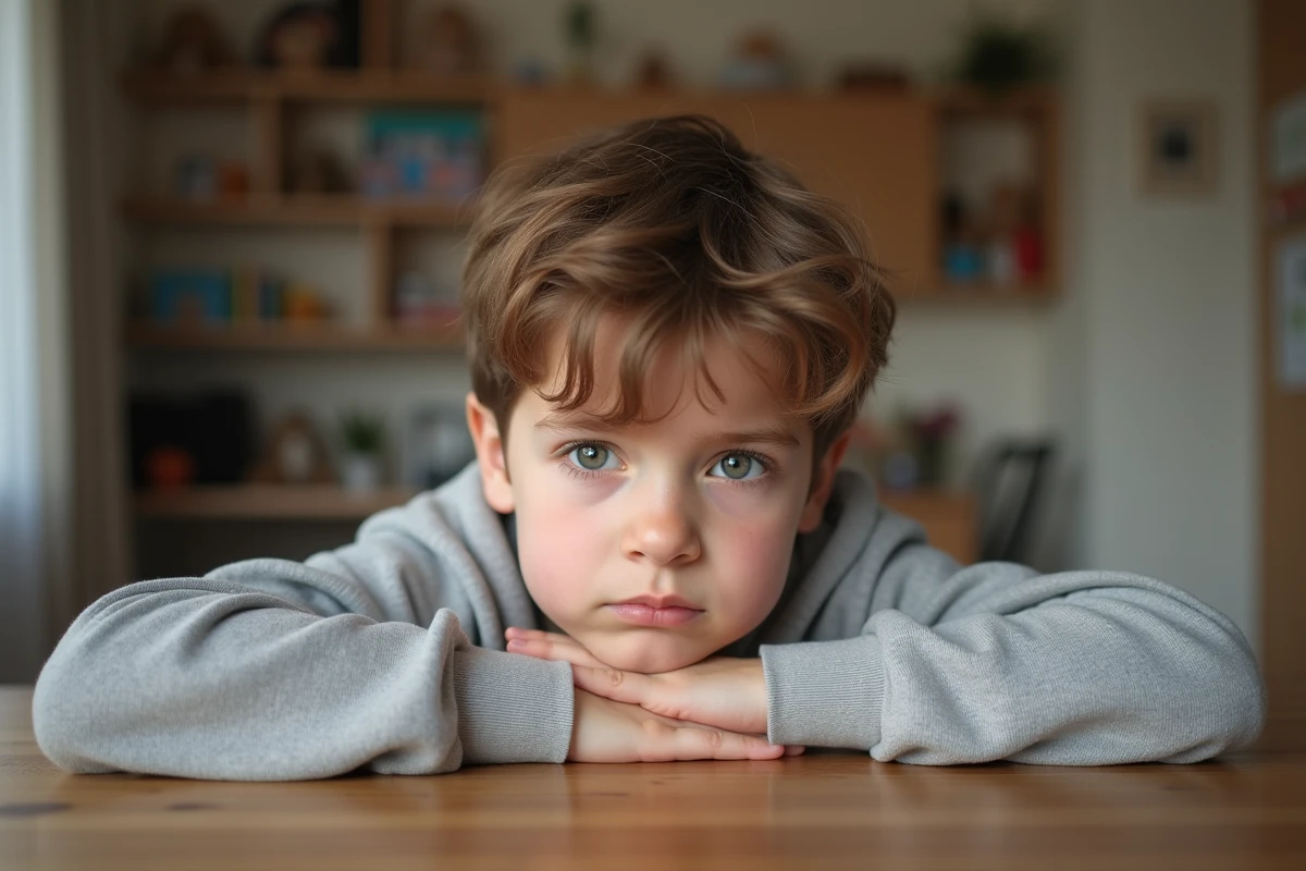 Garçon de 7 ans au visage pensif dans un intérieur familial