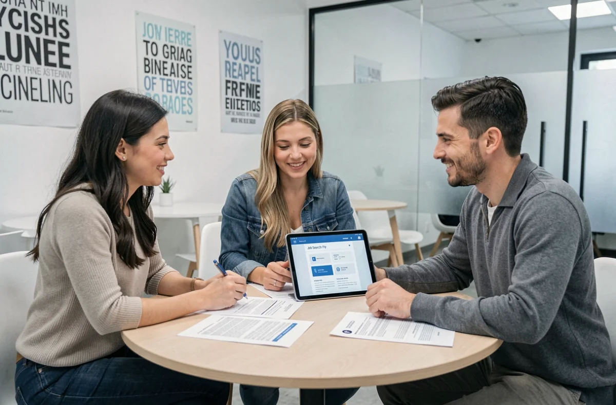 Groupe de chercheurs d'emploi collaborant autour d'une table dans un centre de conseil en carrière avec des CV et une tablette