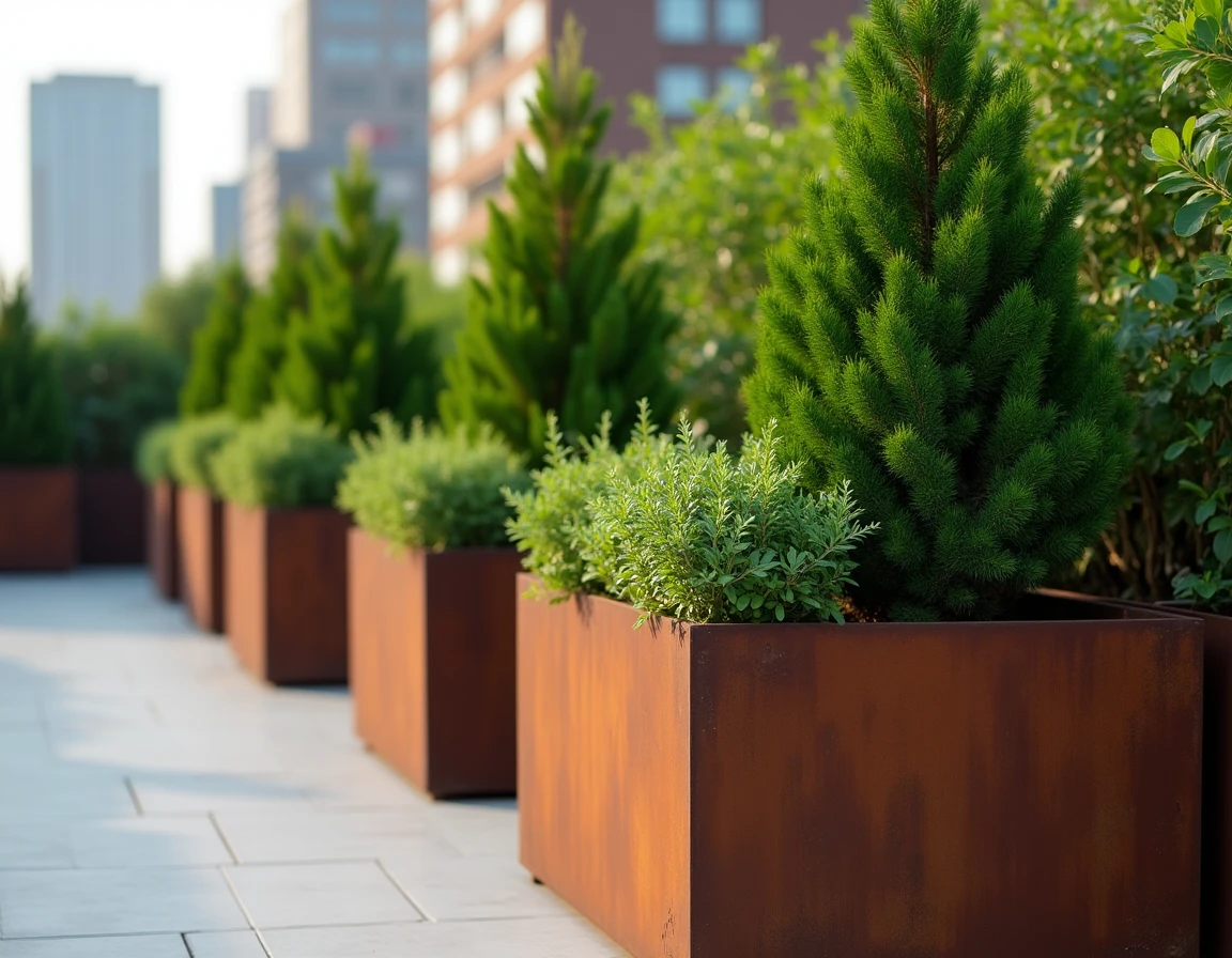 Haie en bac surélevé avec arbustes persistants en acier Corten sur terrasse en hauteur pour protection visuelle